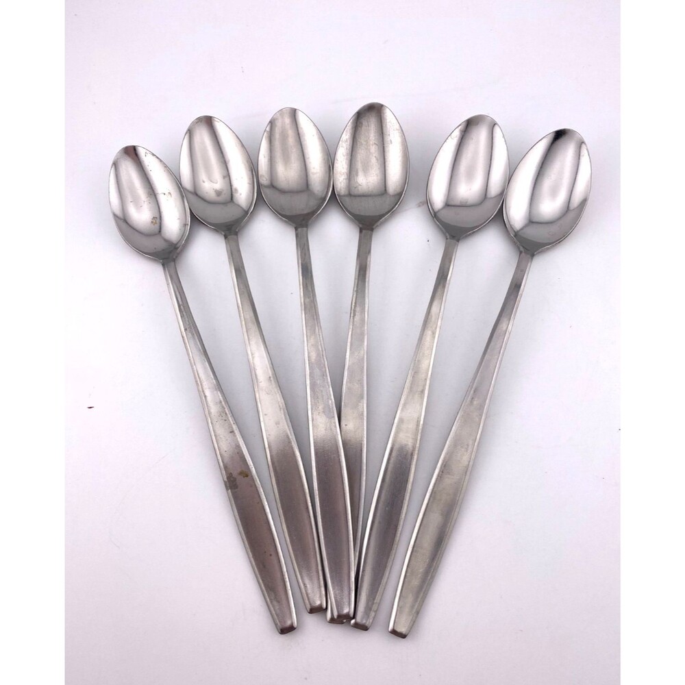 Vtg BUFFALO JAPAN Stainless 6pc Long Dessert Drink Spoons Flatware Silverware